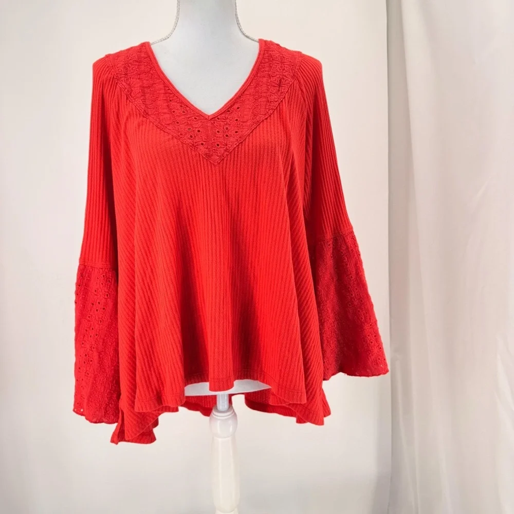 Free People Parisian Nights Bell Sleeve Peasant Blouse Eyelet Orange Size S/M